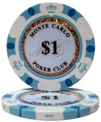 Monte Carlo 14 Gram Poker Chips - $1 Sold by the Roll 25 pcs per Roll, CPMC-$1*25