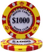 Monte Carlo 14 Gram Poker Chips - $1000 Sold by the Roll 25 pcs per Roll, CPMC-$1000*25