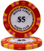 Monte Carlo 14 Gram Poker Chips - $5 Sold by the Roll 25 pcs per Roll, CPMC-$5*25