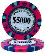 Monte Carlo 14 Gram Poker Chips - $5000 Sold by the Roll 25 pcs per Roll, CPMC-$5000*25