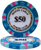Monte Carlo 14 Gram Poker Chips - $50 Sold by the Roll 25 pcs per Roll, CPMC-$50*25