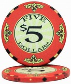 $5 Scroll 10 Gram Ceramic Poker Chip Sold by the Roll 25 pcs. per Roll, CPSC-$5*25