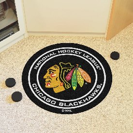 Chicago Blackhawks Hockey Puck Rug - 27in. Diameter - Blackhawk Head Primary Logo - Black, 10279