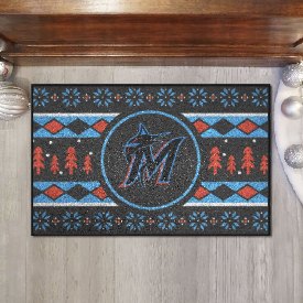 Miami Marlins Holiday Sweater Starter Mat Accent Rug - 19in. x 30in. - M Marlin Cap Logo - Black, 26403
