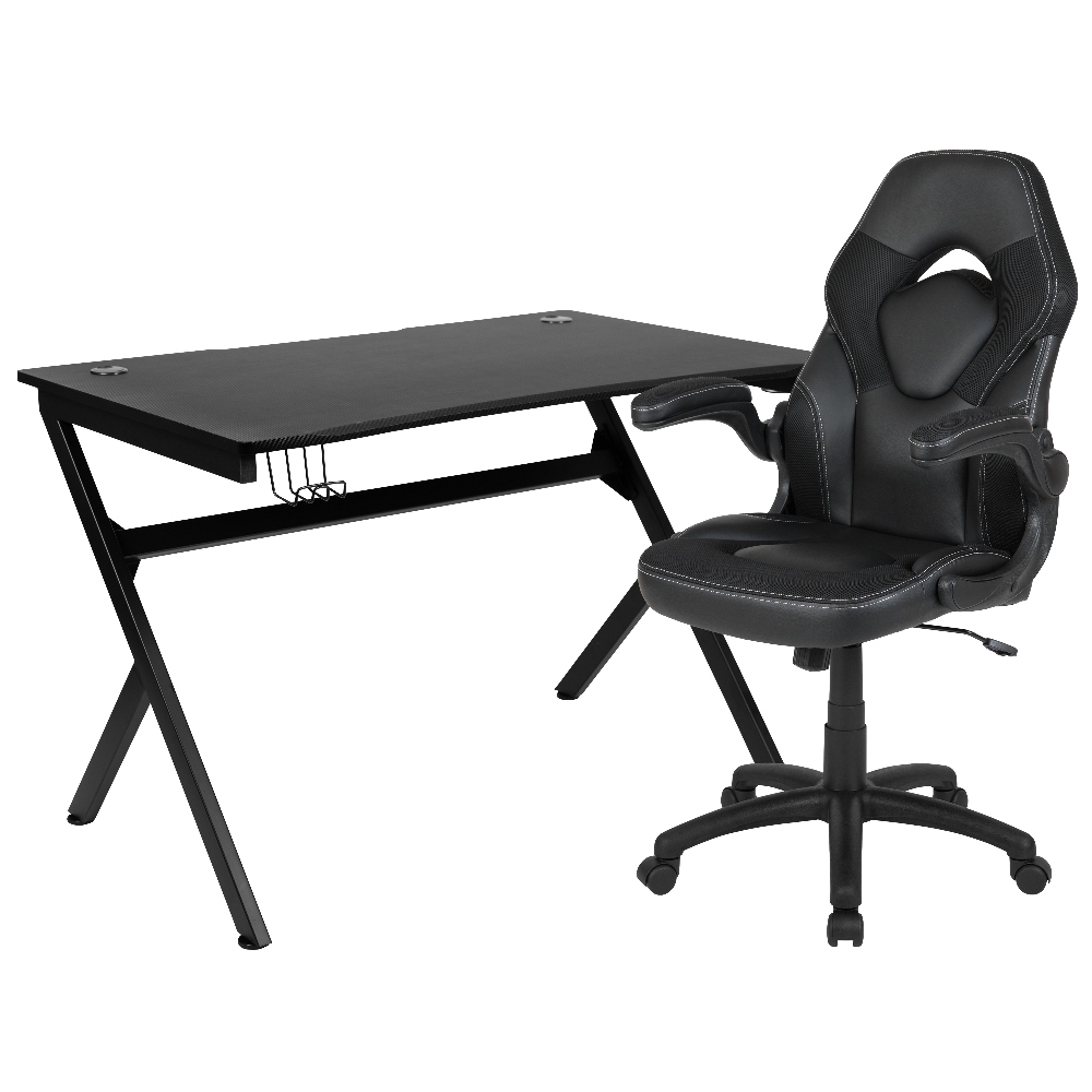 Black Gaming Desk and Black Racing Chair Set with Cup Holder