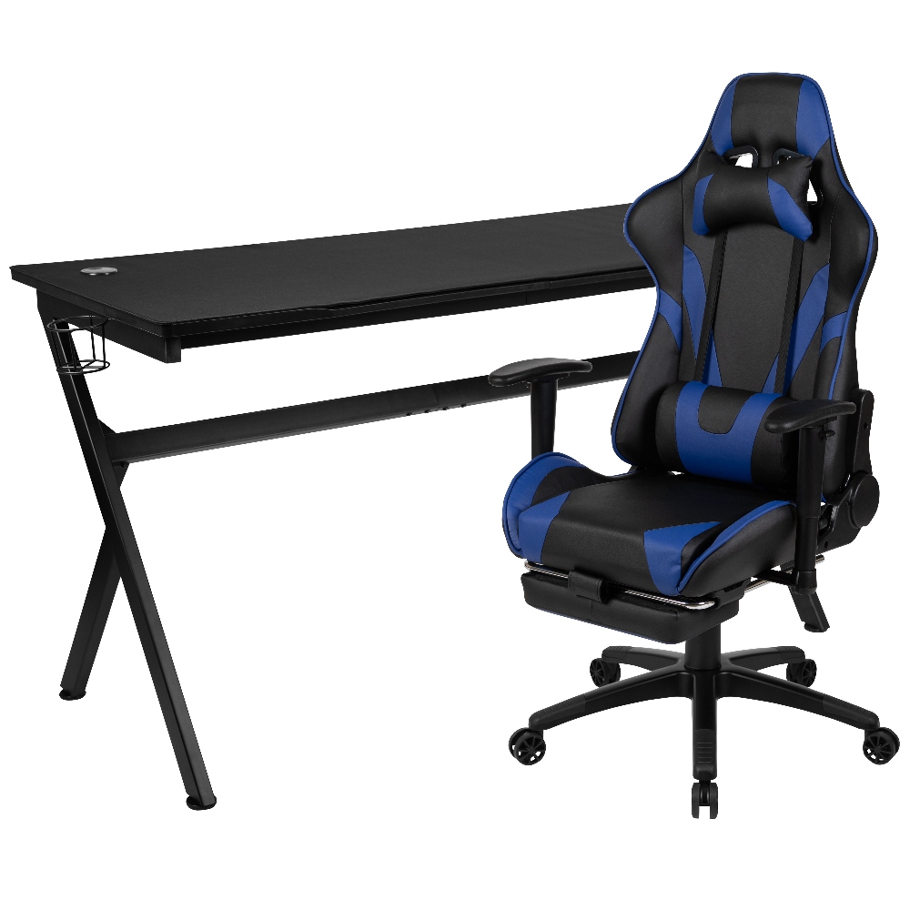 Gaming Desk and Blue Footrest Reclining Gaming Chair Set - Cup Holder