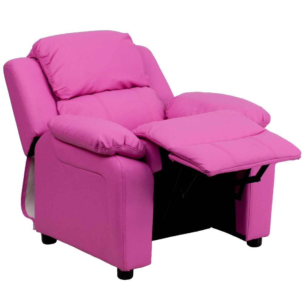 Deluxe Padded Contemporary Hot Pink Vinyl Kids Recliner with Storage Arms