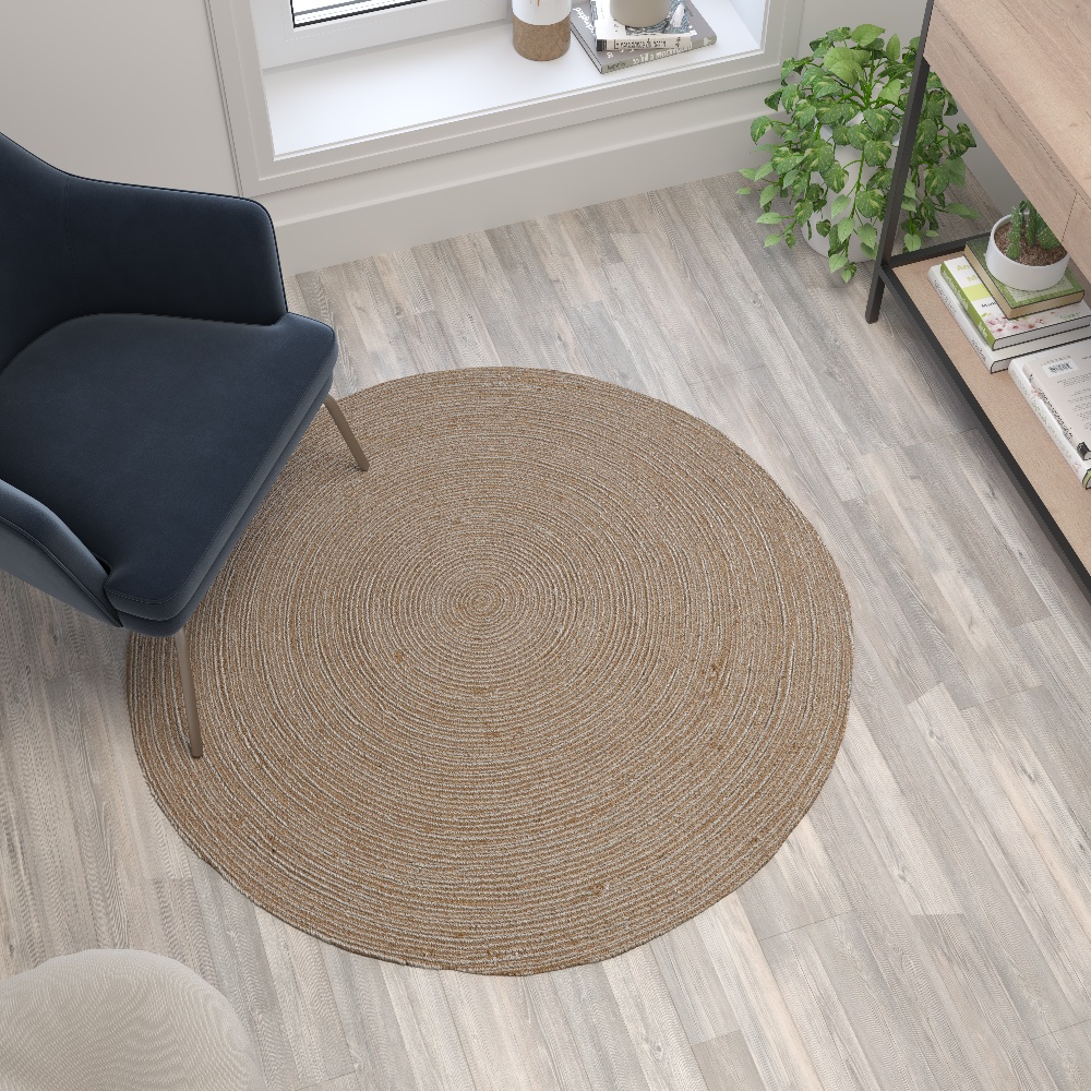 4 Foot Round Braided Design Natural Jute and Polyester Blend Indoor Area Rug  [FLF-CI-19-3694-4-GG] 