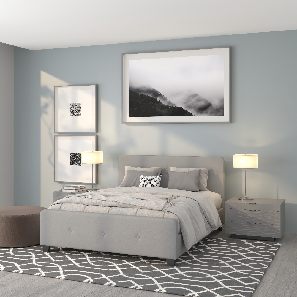 Tribeca Queen Size Tufted Upholstered Platform Bed in Light Gray