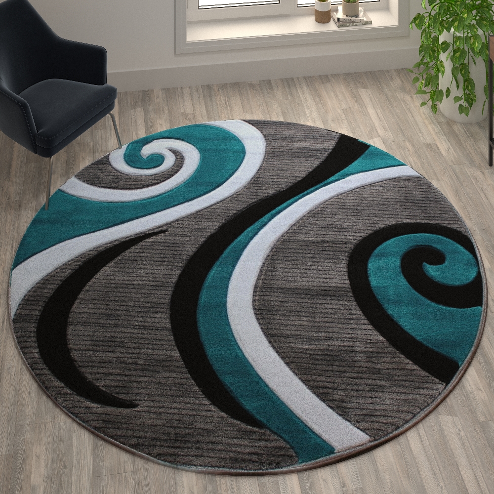 Athos Collection 8' x 8' Turquoise Abstract Area Rug - Olefin Rug with Jute  Backing - Hallway, Entryway, or Bedroom [FLF-KP-RG952-88-TQ-GG] 