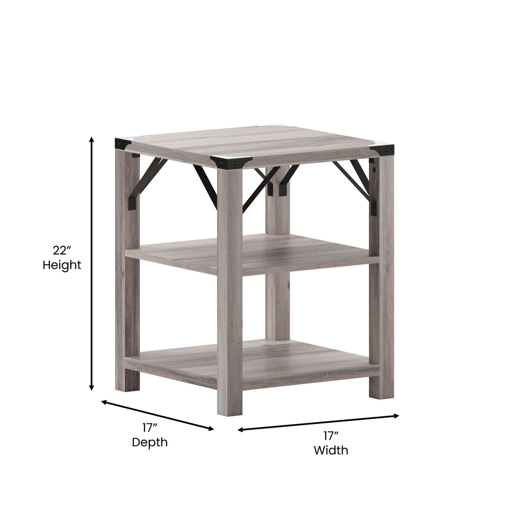 Wyatt Modern Farmhouse Wooden 3 Tier End Table with Black Metal Corner Accents and Cross Bracing
