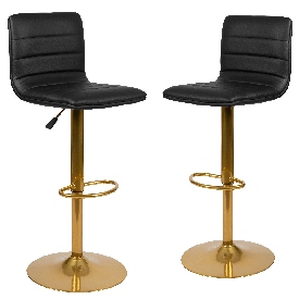 Vincent Modern Black Vinyl Adjustable Bar Stool with Back, Counter Height Swivel Stool with Gold Pedestal Base, Set of 2, 2-CH-92023-1-BK-G-GG