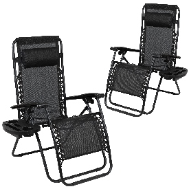 Adjustable Folding Mesh Zero Gravity Reclining Lounge Chair with Pillow and Cup Holder Tray in Black, Set of 2, 2-GM-103122SS-BK-GG Adjustable Folding Mesh Zero Gravity Reclining Lounge Chair with Pillow and Cup Holder Tray in Black, Set of 2, 2-GM-103122SS-BK-GG