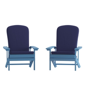 Charlestown Set of 2 All-Weather Poly Resin Wood Adirondack Chairs in Blue with Blue Cushions for Deck, Porch, and Patio, 2-JJ-C14501-CSNBL-BLU-GG Charlestown Set of 2 All-Weather Poly Resin Wood Adirondack Chairs in Blue with Blue Cushions for Deck, Porch, and Patio, 2-JJ-C14501-CSNBL-BLU-GG
