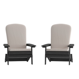 Charlestown Set of 2 All-Weather Poly Resin Indoor/Outdoor Folding Adirondack Chairs in Black with Cream Cushions for Deck, Porch, and Patio, 2-JJ-C14505-CSNCR-BLK-GG Charlestown Set of 2 All-Weather Poly Resin Indoor/Outdoor Folding Adirondack Chairs in Black with Cream Cushions for Deck, Porch, and Patio, 2-JJ-C14505-CSNCR-BLK-GG