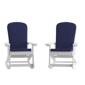 Savannah Set of 2 All-Weather Poly Resin Wood Adirondack Rocking Chairs in White with Blue Cushions for Deck, Porch, and Patio, 2-JJ-C14705-CSNBL-WH-GG Savannah Set of 2 All-Weather Poly Resin Wood Adirondack Rocking Chairs in White with Blue Cushions for Deck, Porch, and Patio, 2-JJ-C14705-CSNBL-WH-GG