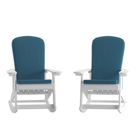 Savannah Set of 2 All-Weather Poly Resin Wood Adirondack Rocking Chairs in White with Teal Cushions for Deck, Porch, and Patio, 2-JJ-C14705-CSNTL-WH-GG Savannah Set of 2 All-Weather Poly Resin Wood Adirondack Rocking Chairs in White with Teal Cushions for Deck, Porch, and Patio, 2-JJ-C14705-CSNTL-WH-GG
