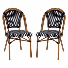 Bordeaux Set of 2 Indoor/Outdoor Commercial French Bistro Stacking Chairs, Black/White PE Rattan Back and Seat, Bamboo Print Aluminum Frame in Natural, 2-SDA-AD642001-BKWH-NAT-GG Bordeaux Set of 2 Indoor/Outdoor Commercial French Bistro Stacking Chairs, Black/White PE Rattan Back and Seat, Bamboo Print Aluminum Frame in Natural, 2-SDA-AD642001-BKWH-NAT-GG