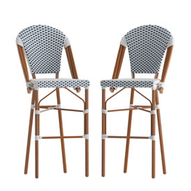Lourdes Set of 2 Stackable Indoor/Outdoor Bistro 30" High Barstools, Commercial Grade, White/Navy and Bamboo Finish, 2-SDA-AD642001-F-BS-WHNVY-NAT-GG