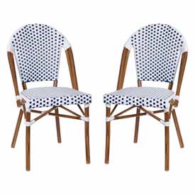 Lourdes Set of 2 Indoor/Outdoor Commercial French Bistro Stacking Chair, White/Navy PE Rattan Back and Seat, Bamboo Print Aluminum Frame in Natural, 2-SDA-AD642001-F-WHNVY-NAT-GG Lourdes Set of 2 Indoor/Outdoor Commercial French Bistro Stacking Chair, White/Navy PE Rattan Back and Seat, Bamboo Print Aluminum Frame in Natural, 2-SDA-AD642001-F-WHNVY-NAT-GG