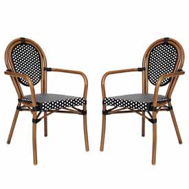 2 Pack Lourdes Indoor/Outdoor Commercial Thonet French Bistro Stacking Chair with Arms, Black and White PE Rattan and Natural Aluminum Frame, 2-SDA-AD642002A-BKWH-NAT-GG 2 Pack Lourdes Indoor/Outdoor Commercial Thonet French Bistro Stacking Chair with Arms, Black and White PE Rattan and Natural Aluminum Frame, 2-SDA-AD642002A-BKWH-NAT-GG