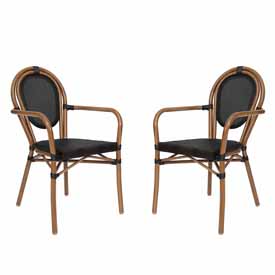 2 Pack Marseille Indoor/Outdoor Commercial Thonet French Bistro Stacking Chair with Arms, Black Textilene and Bamboo Print Aluminum Frame in Natural, 2-SDA-AD642002A-TXT-BK-NAT-GG 2 Pack Marseille Indoor/Outdoor Commercial Thonet French Bistro Stacking Chair with Arms, Black Textilene and Bamboo Print Aluminum Frame in Natural, 2-SDA-AD642002A-TXT-BK-NAT-GG