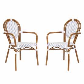 2 Pack Lourdes Indoor/Outdoor Commercial Thonet French Bistro Stacking Chair with Arms, White and Gray PE Rattan and Bamboo Aluminum Frame in Natural, 2-SDA-AD642002A-WHGY-NAT-GG 2 Pack Lourdes Indoor/Outdoor Commercial Thonet French Bistro Stacking Chair with Arms, White and Gray PE Rattan and Bamboo Aluminum Frame in Natural, 2-SDA-AD642002A-WHGY-NAT-GG