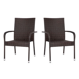 Maxim Set of 2 Stackable Indoor/Outdoor Wicker Dining Chairs with Arms - Fade & Weather-Resistant Steel Frames - Espresso, 2-TW-3WBE073-ESP-GG Maxim Set of 2 Stackable Indoor/Outdoor Wicker Dining Chairs with Arms - Fade & Weather-Resistant Steel Frames - Espresso, 2-TW-3WBE073-ESP-GG