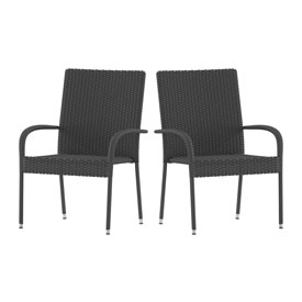 Maxim Set of 2 Stackable Indoor/Outdoor Wicker Dining Chairs with Arms - Fade & Weather-Resistant Steel Frames - Gray, 2-TW-3WBE073-GY-GG Maxim Set of 2 Stackable Indoor/Outdoor Wicker Dining Chairs with Arms - Fade & Weather-Resistant Steel Frames - Gray, 2-TW-3WBE073-GY-GG