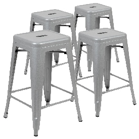 24" High Metal Counter-Height, Indoor Bar Stool in Silver - Stackable Set of 4, 4-ET-31320-24-SV-R-GG