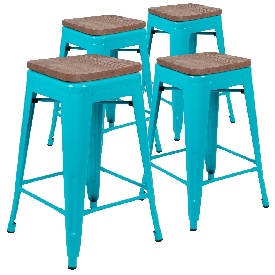 24" High Metal Counter-Height, Indoor Bar Stool with Wood Seat in Teal - Stackable Set of 4, 4-ET-31320W-24-TL-R-GG 24" High Metal Counter-Height, Indoor Bar Stool with Wood Seat in Teal - Stackable Set of 4, 4-ET-31320W-24-TL-R-GG