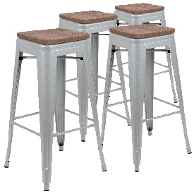 30" High Metal Indoor Bar Stool with Wood Seat in Silver - Stackable Set of 4, 4-ET-31320W-30-SV-R-GG 30" High Metal Indoor Bar Stool with Wood Seat in Silver - Stackable Set of 4, 4-ET-31320W-30-SV-R-GG
