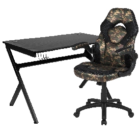 Black Gaming Desk and Camouflage/Black Racing Chair Set with Cup Holder, Headphone Hook & 2 Wire Management Holes, BLN-X10D1904-CAM-GG