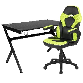 Black Gaming Desk and Green/Black Racing Chair Set with Cup Holder, Headphone Hook & 2 Wire Management Holes, BLN-X10D1904-GN-GG