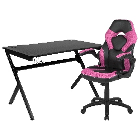 Black Gaming Desk and Pink/Black Racing Chair Set with Cup Holder, Headphone Hook & 2 Wire Management Holes, BLN-X10D1904-PK-GG Black Gaming Desk and Pink/Black Racing Chair Set with Cup Holder, Headphone Hook & 2 Wire Management Holes, BLN-X10D1904-PK-GG