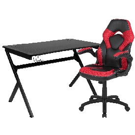 Black Gaming Desk and Red/Black Racing Chair Set with Cup Holder, Headphone Hook & 2 Wire Management Holes, BLN-X10D1904-RD-GG Black Gaming Desk and Red/Black Racing Chair Set with Cup Holder, Headphone Hook & 2 Wire Management Holes, BLN-X10D1904-RD-GG