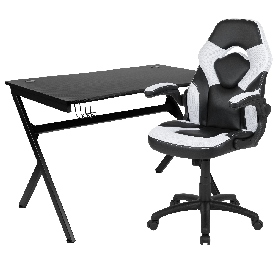 Black Gaming Desk and White/Black Racing Chair Set with Cup Holder, Headphone Hook & 2 Wire Management Holes, BLN-X10D1904-WH-GG Black Gaming Desk and White/Black Racing Chair Set with Cup Holder, Headphone Hook & 2 Wire Management Holes, BLN-X10D1904-WH-GG