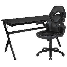 Gaming Desk and Black Racing Chair Set /Cup Holder/Headphone Hook/Removable Mouse Pad Top - 2 Wire Management Holes, BLN-X10D1904L-BK-GG