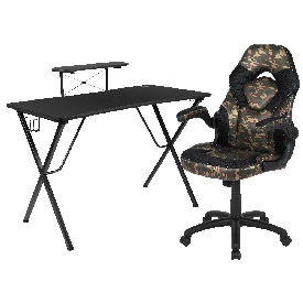 Black Gaming Desk and Camouflage/Black Racing Chair Set with Cup Holder, Headphone Hook, and Monitor/Smartphone Stand, BLN-X10RSG1031-CAM-GG Black Gaming Desk and Camouflage/Black Racing Chair Set with Cup Holder, Headphone Hook, and Monitor/Smartphone Stand, BLN-X10RSG1031-CAM-GG