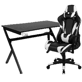 Black Gaming Desk and Black Reclining Gaming Chair Set with Cup Holder, Headphone Hook & 2 Wire Management Holes, BLN-X20D1904-BK-GG