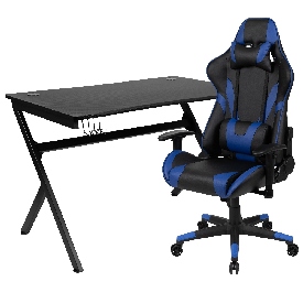 Black Gaming Desk and Blue/Black Reclining Gaming Chair Set with Cup Holder, Headphone Hook & 2 Wire Management Holes, BLN-X20D1904-BL-GG Black Gaming Desk and Blue/Black Reclining Gaming Chair Set with Cup Holder, Headphone Hook & 2 Wire Management Holes, BLN-X20D1904-BL-GG
