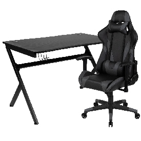 Black Gaming Desk and Gray/Black Reclining Gaming Chair Set with Cup Holder, Headphone Hook & 2 Wire Management Holes, BLN-X20D1904-GY-GG