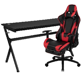 Gaming Desk and Red Footrest Reclining Gaming Chair Set - Cup Holder/Headphone Hook/Removable Mouse Pad Top/Wire Management, BLN-X30D1904L-RD-GG Gaming Desk and Red Footrest Reclining Gaming Chair Set - Cup Holder/Headphone Hook/Removable Mouse Pad Top/Wire Management, BLN-X30D1904L-RD-GG