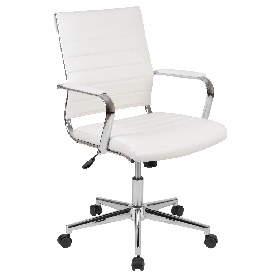 Mid-Back White LeatherSoft Contemporary Ribbed Executive Swivel Office Chair, BT-20595M-1-WH-GG