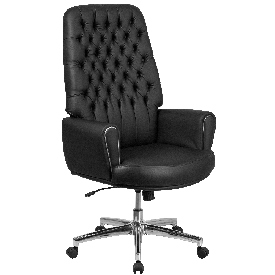 High Back Traditional Tufted Black LeatherSoft Executive Swivel Office Chair with Silver Welt Arms, BT-444-BK-GG