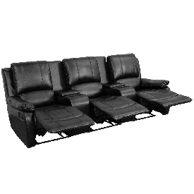 Allure Series 3-Seat Reclining Pillow Back Black LeatherSoft Theater Seating Unit with Cup Holders, BT-70295-3-BK-GG