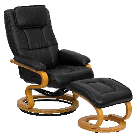 Contemporary Multi-Position Recliner and Ottoman with Swivel Maple Wood Base in Black LeatherSoft, BT-7615-BK-CURV-GG Contemporary Multi-Position Recliner and Ottoman with Swivel Maple Wood Base in Black LeatherSoft, BT-7615-BK-CURV-GG