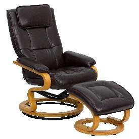 Contemporary Multi-Position Recliner and Ottoman with Swivel Maple Wood Base in Brown LeatherSoft, BT-7615-BN-CURV-GG Contemporary Multi-Position Recliner and Ottoman with Swivel Maple Wood Base in Brown LeatherSoft, BT-7615-BN-CURV-GG