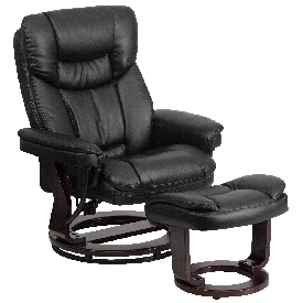 Contemporary Multi-Position Recliner and Curved Ottoman with Swivel Mahogany Wood Base in Black LeatherSoft, BT-7821-BK-GG