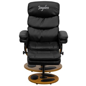 Personalized Contemporary Multi-Position Recliner and Ottoman with Wood Base in Black LeatherSoft, BT-7828-PILLOW-TXTEMB-GG